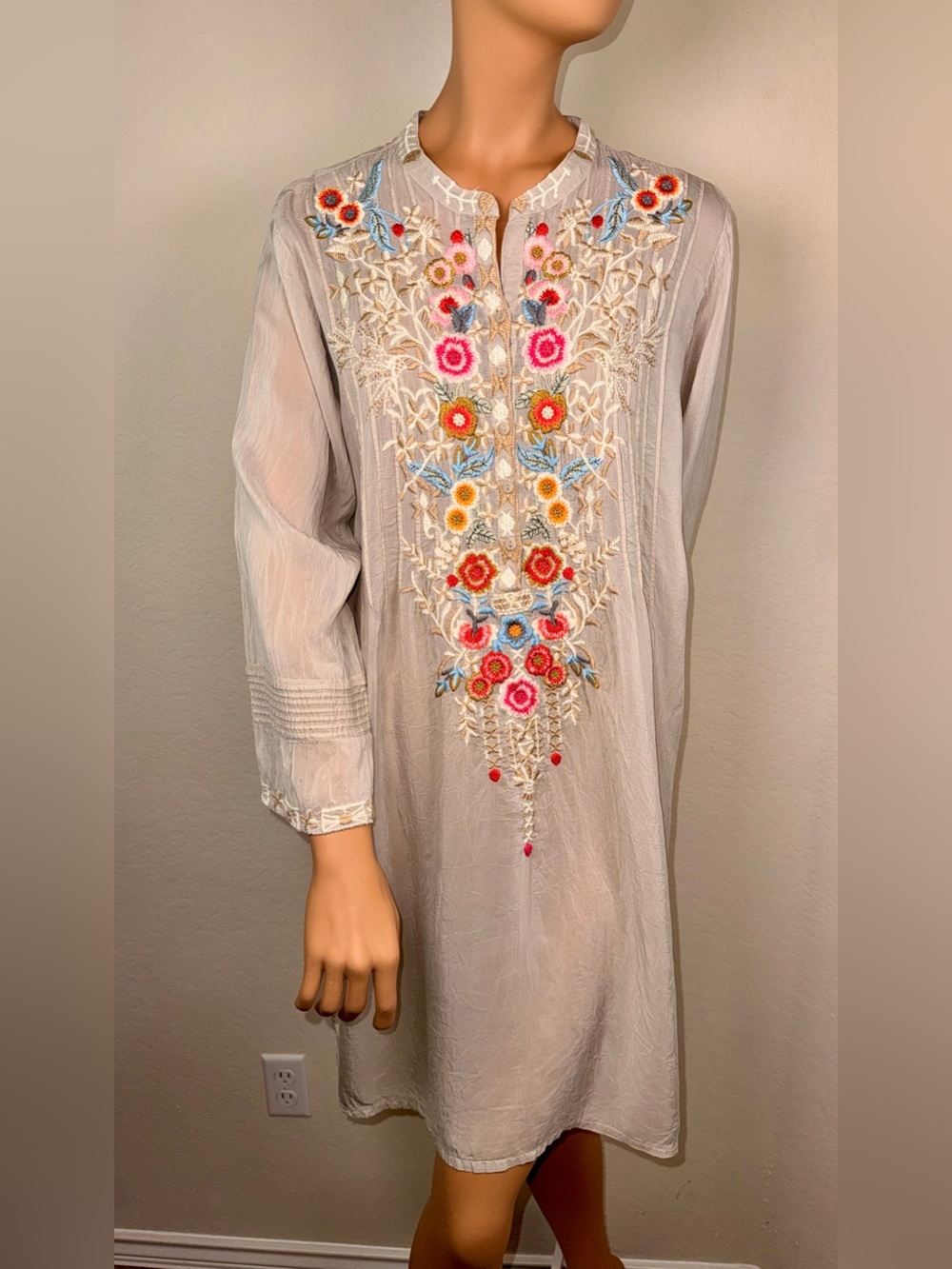 Johnny Was Embroidered Sheer Tunic Dress Floral Boho Cupra Rayon Size XL